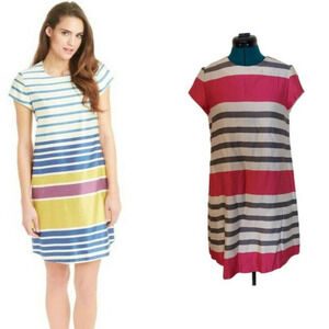 J. McLaughlin Striped Cap Sleeve Swing Shift Dress White Pink Gray Size Small